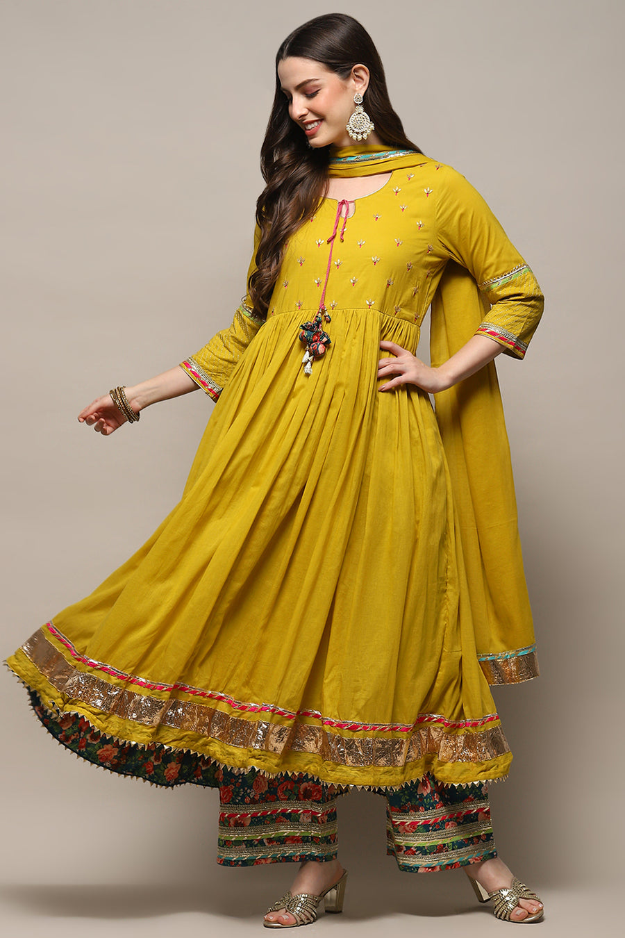 Lime Green Cambric Anarkali Kurta Palazzo Suit Set A34