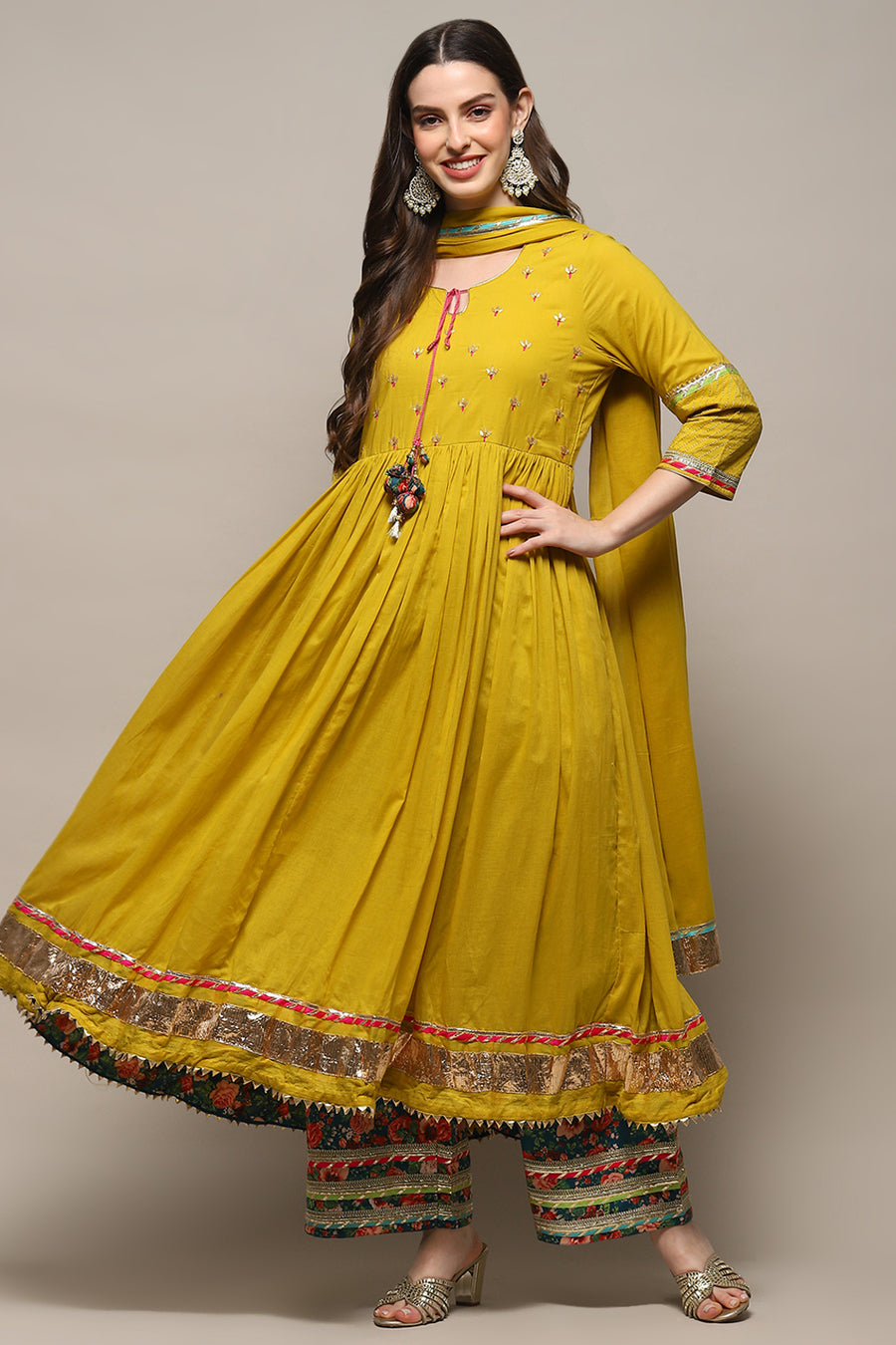 Lime Green Cambric Anarkali Kurta Palazzo Suit Set A34