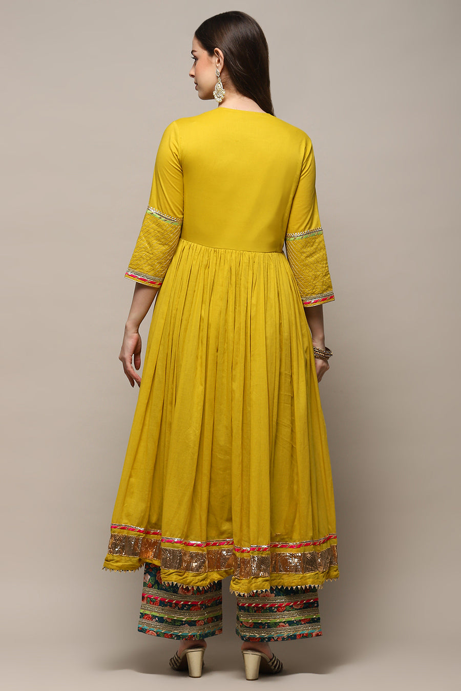 Lime Green Cambric Anarkali Kurta Palazzo Suit Set A34