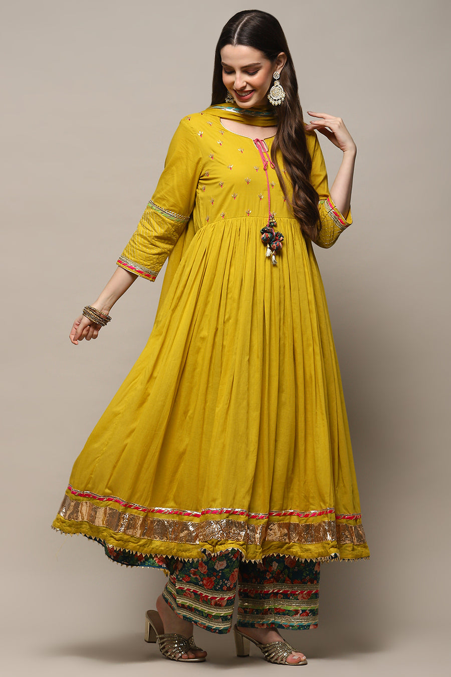 Lime Green Cambric Anarkali Kurta Palazzo Suit Set A34