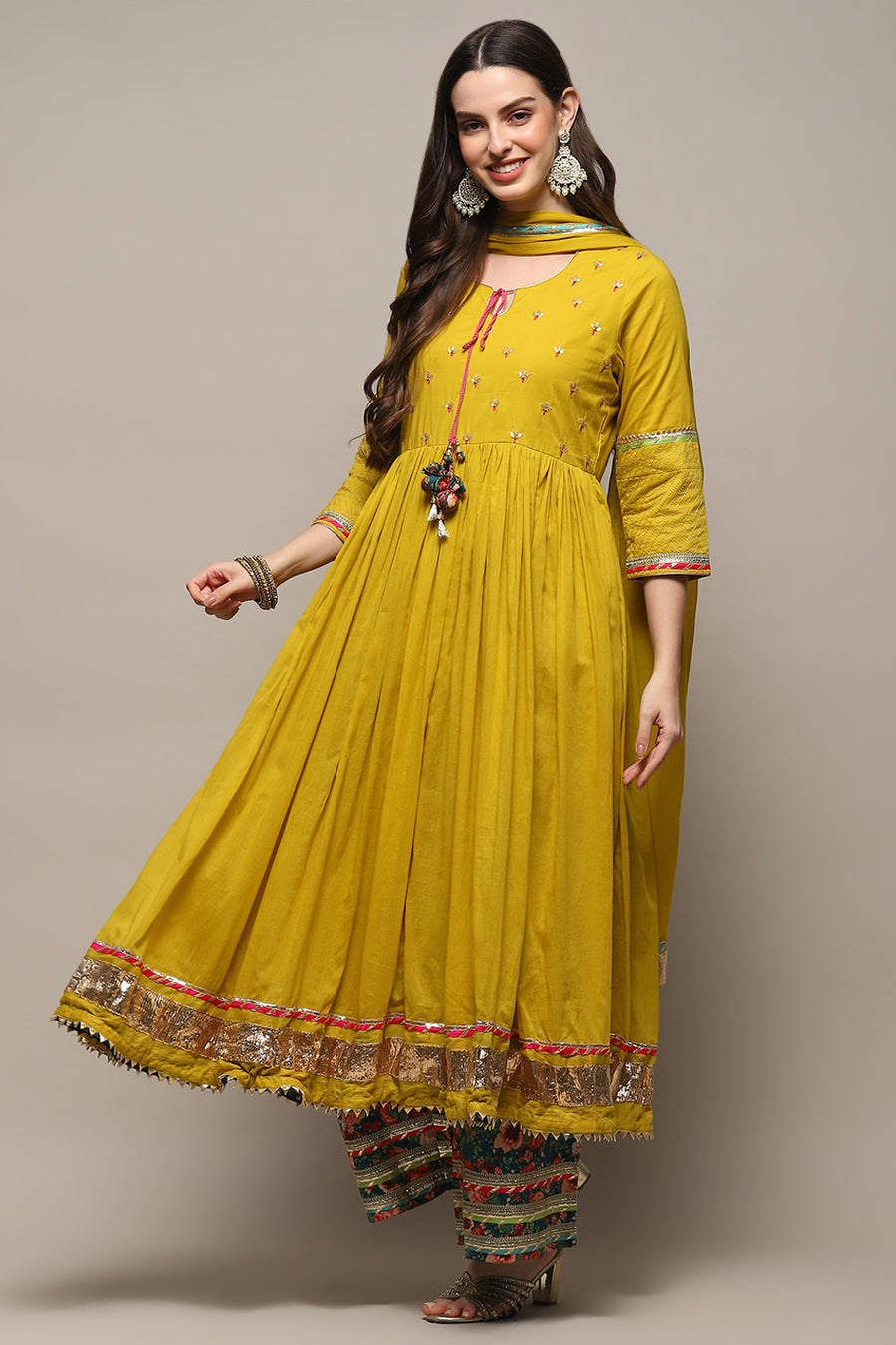 Lime Green Cambric Anarkali Kurta Palazzo Suit Set A34