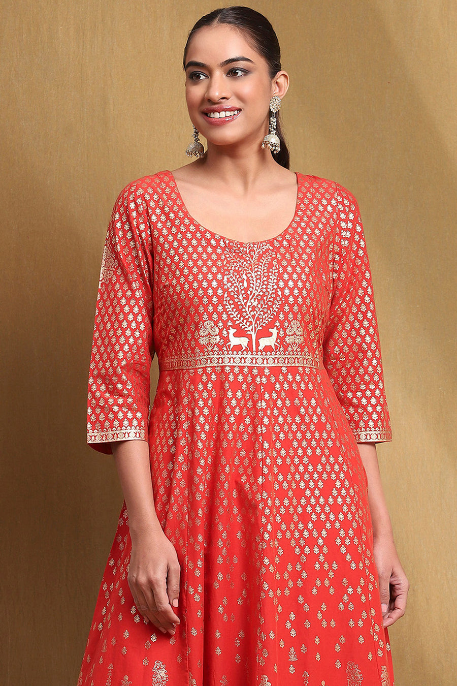 Red Cotton Printed Anarkali Suit Set A34