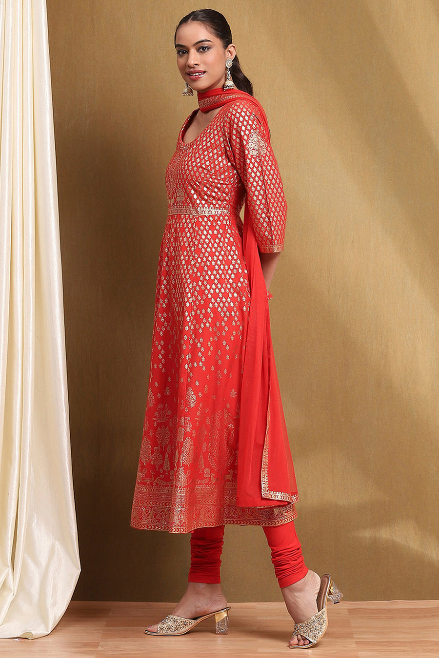 Red Cotton Printed Anarkali Suit Set A34