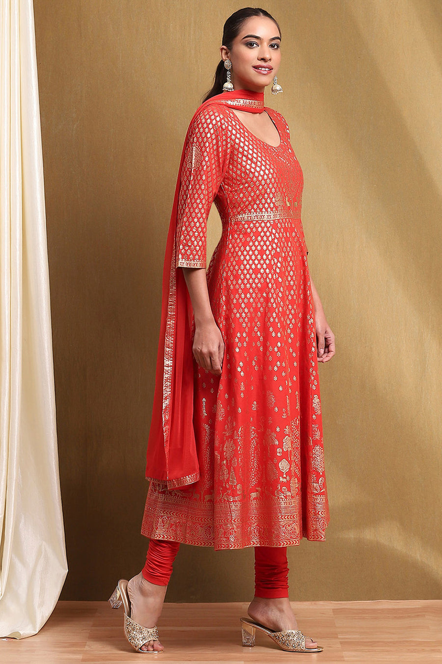 Red Cotton Printed Anarkali Suit Set A34