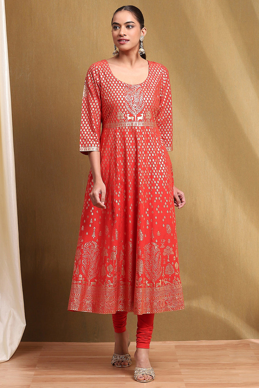 Red Cotton Printed Anarkali Suit Set A34