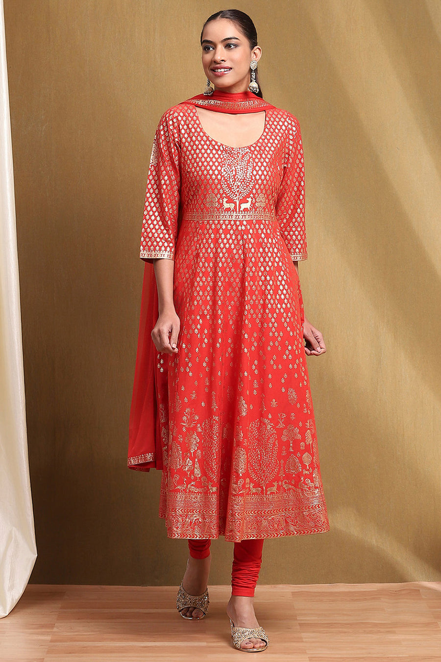 Red Cotton Printed Anarkali Suit Set A34