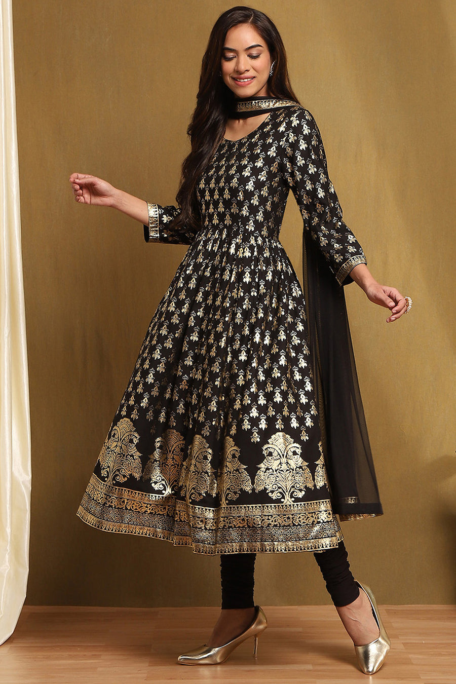 Black Foil Printed Anarkali Suit Set A34