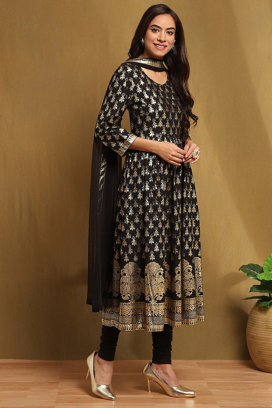 Black Foil Printed Anarkali Suit Set A34
