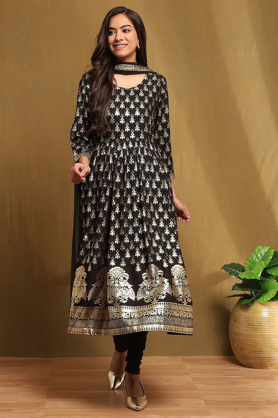 Black Foil Printed Anarkali Suit Set A34