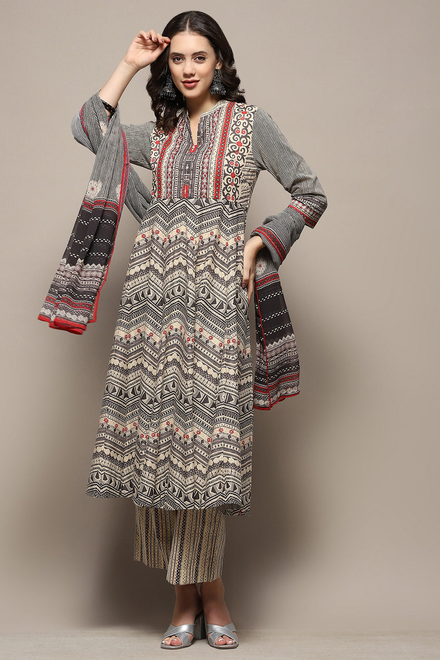 Beige and Black Pure Cotton Anarkali Suit Set A34
