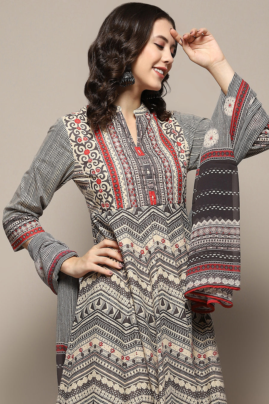 Beige and Black Pure Cotton Anarkali Suit Set A34