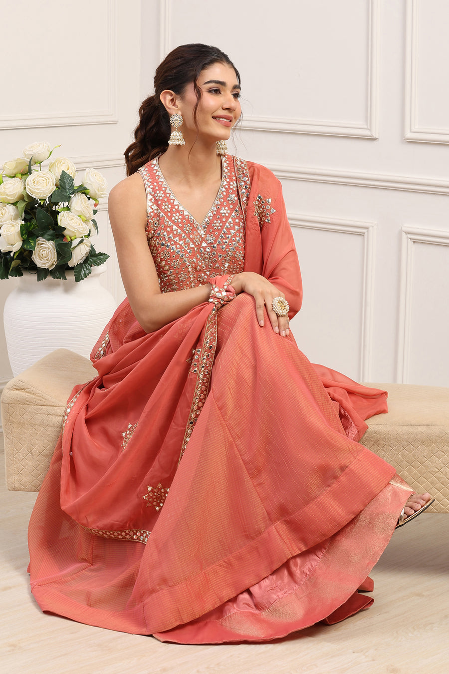 Coral Pink Poly Tissue Mirror Work Anarkali Dress With Dupatta E45