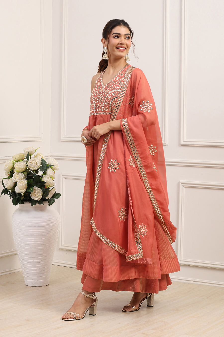 Coral Pink Poly Tissue Mirror Work Anarkali Dress With Dupatta E45