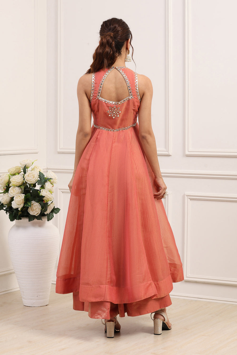 Coral Pink Poly Tissue Mirror Work Anarkali Dress With Dupatta E45