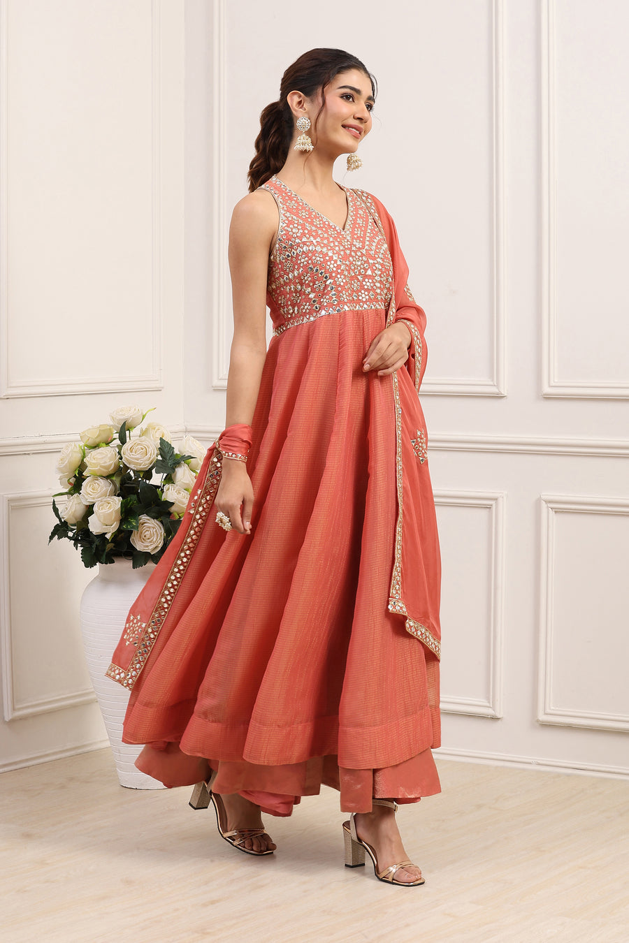 Coral Pink Poly Tissue Mirror Work Anarkali Dress With Dupatta E45