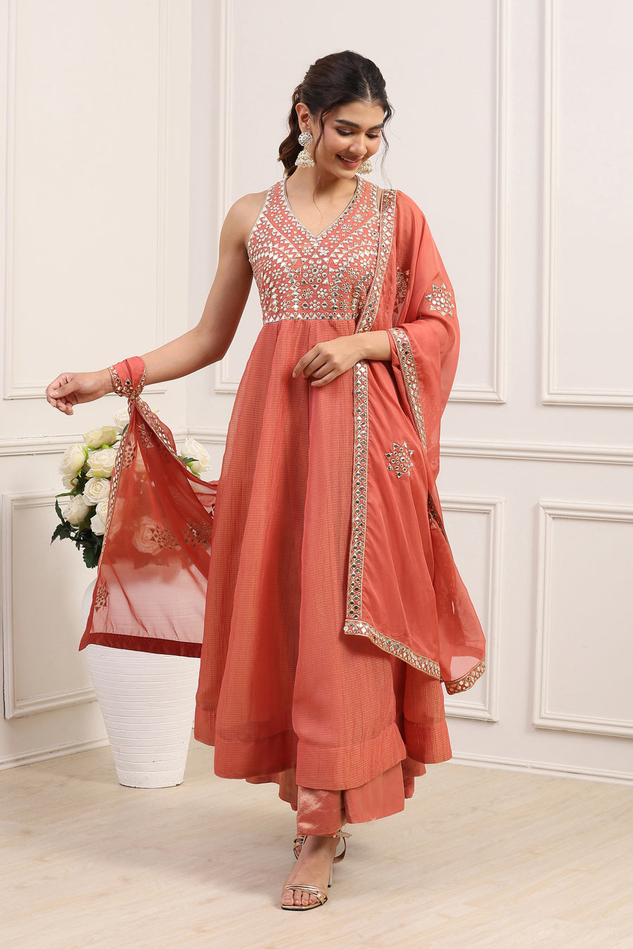 Coral Pink Poly Tissue Mirror Work Anarkali Dress With Dupatta E45