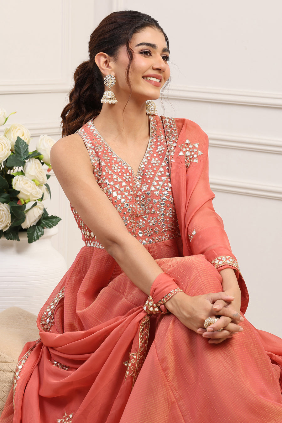 Coral Pink Poly Tissue Mirror Work Anarkali Dress With Dupatta E45