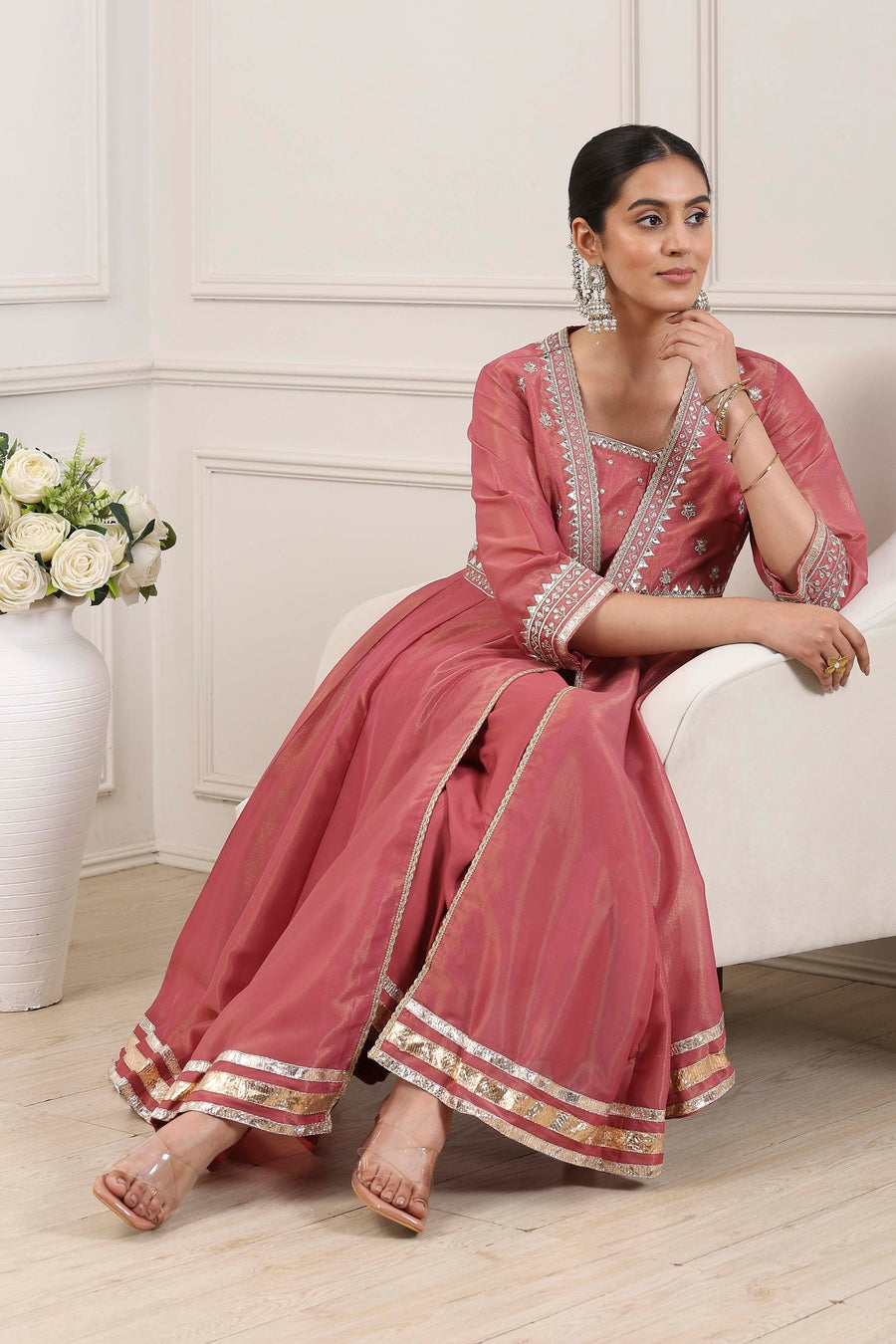 Pink Poly Tissue Embellished Anarkali Kurta Set A34