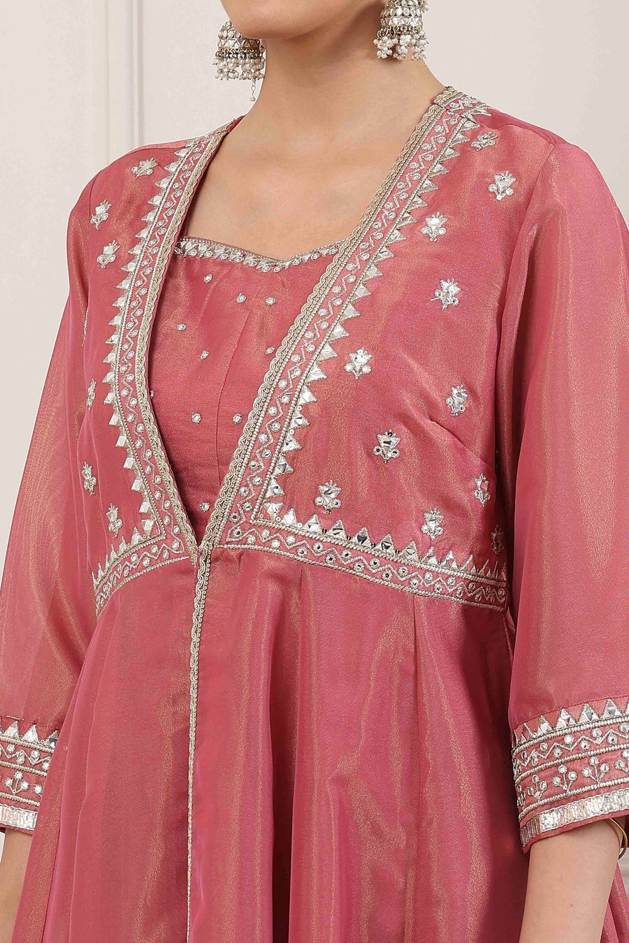 Pink Poly Tissue Embellished Anarkali Kurta Set A34