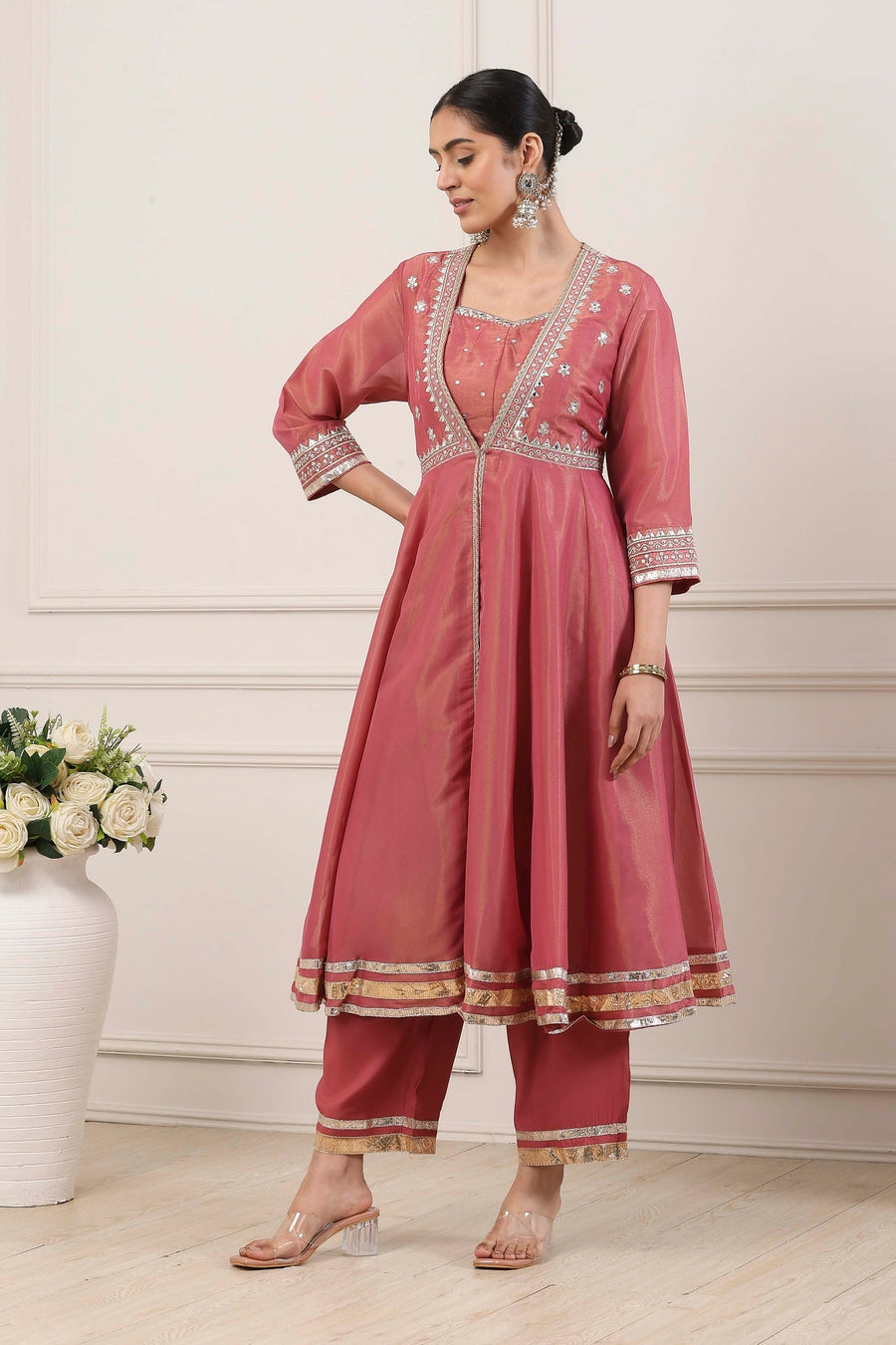 Pink Poly Tissue Embellished Anarkali Kurta Set A34