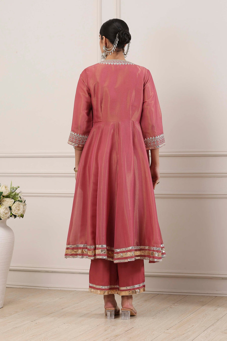 Pink Poly Tissue Embellished Anarkali Kurta Set A34