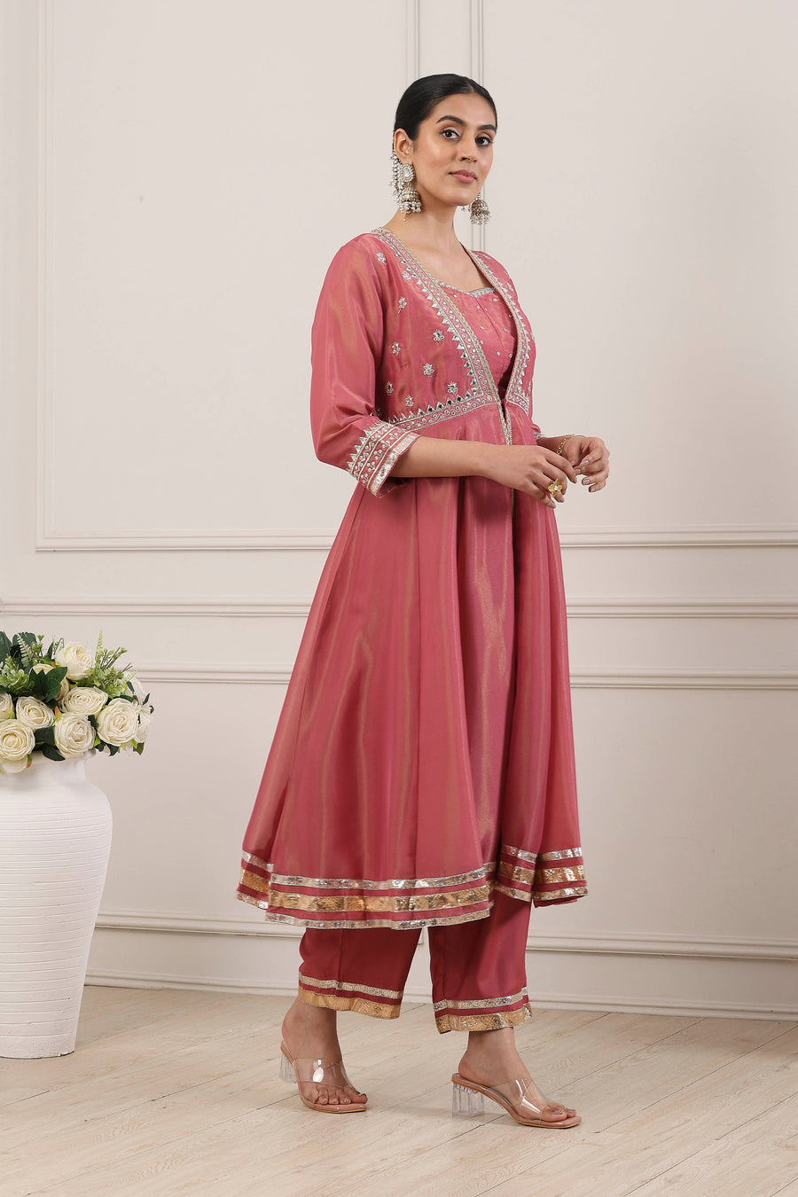 Pink Poly Tissue Embellished Anarkali Kurta Set A34