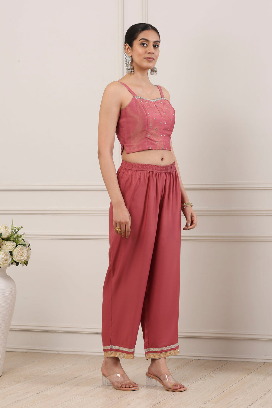 Pink Poly Tissue Embellished Anarkali Kurta Set A34