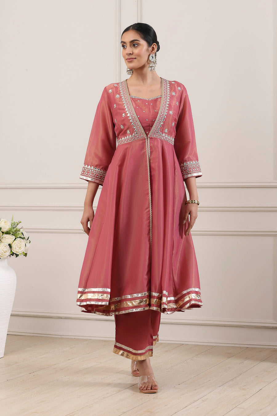Pink Poly Tissue Embellished Anarkali Kurta Set A34