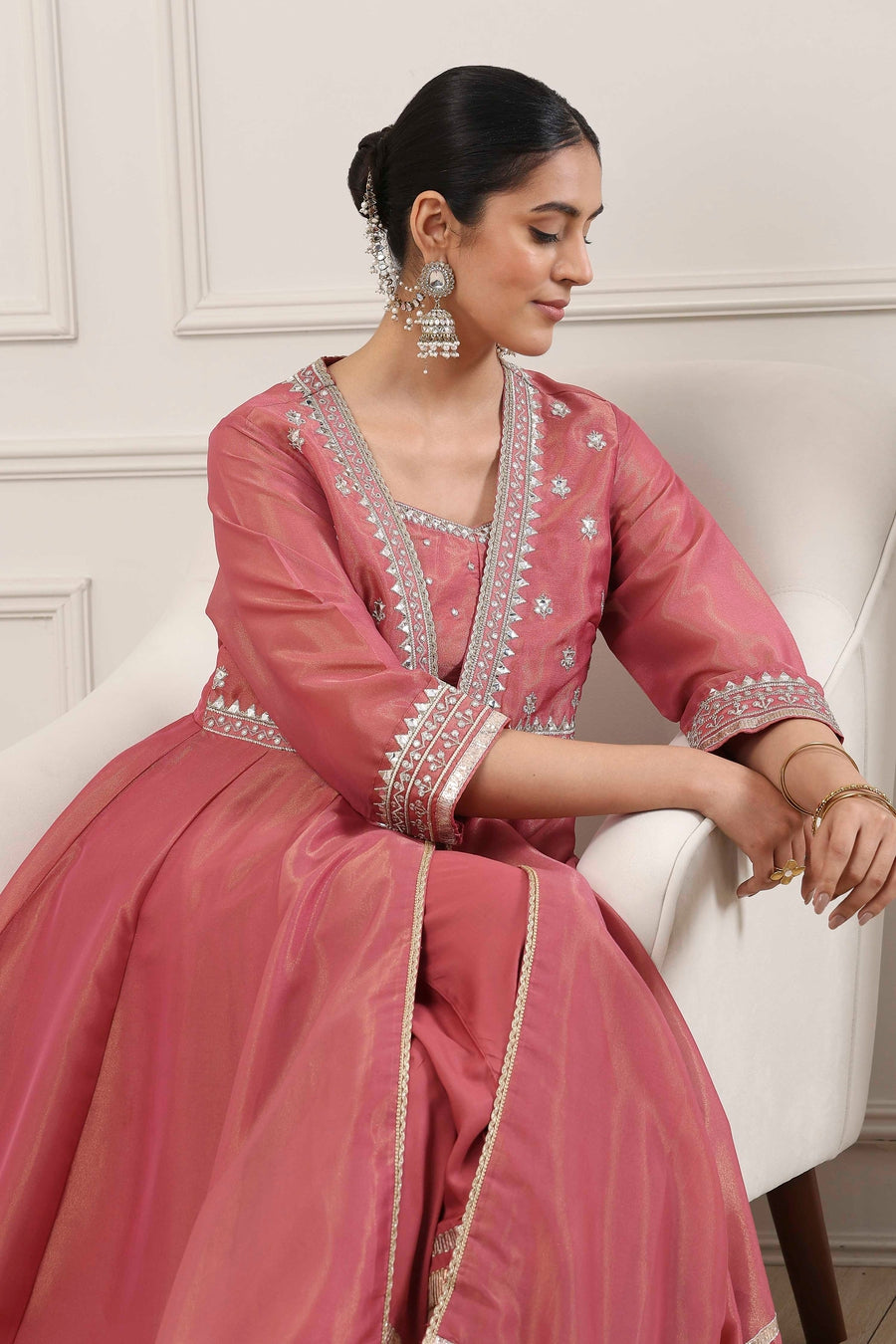 Pink Poly Tissue Embellished Anarkali Kurta Set A34