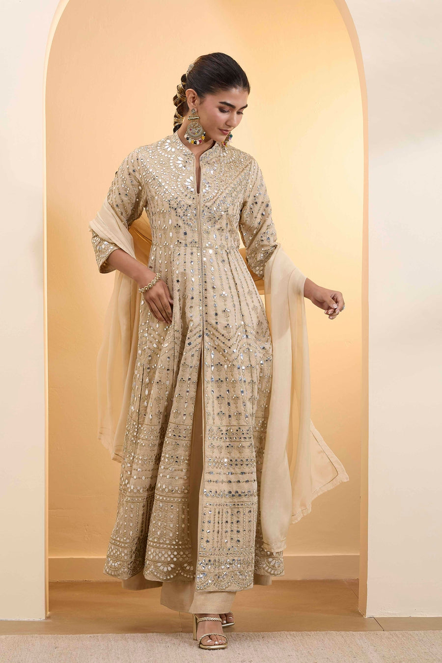 Beige Cotton Zari Tissue Kalidar Kurta Set KS60