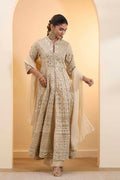 Beige Cotton Zari Tissue Kalidar Kurta Set KS60