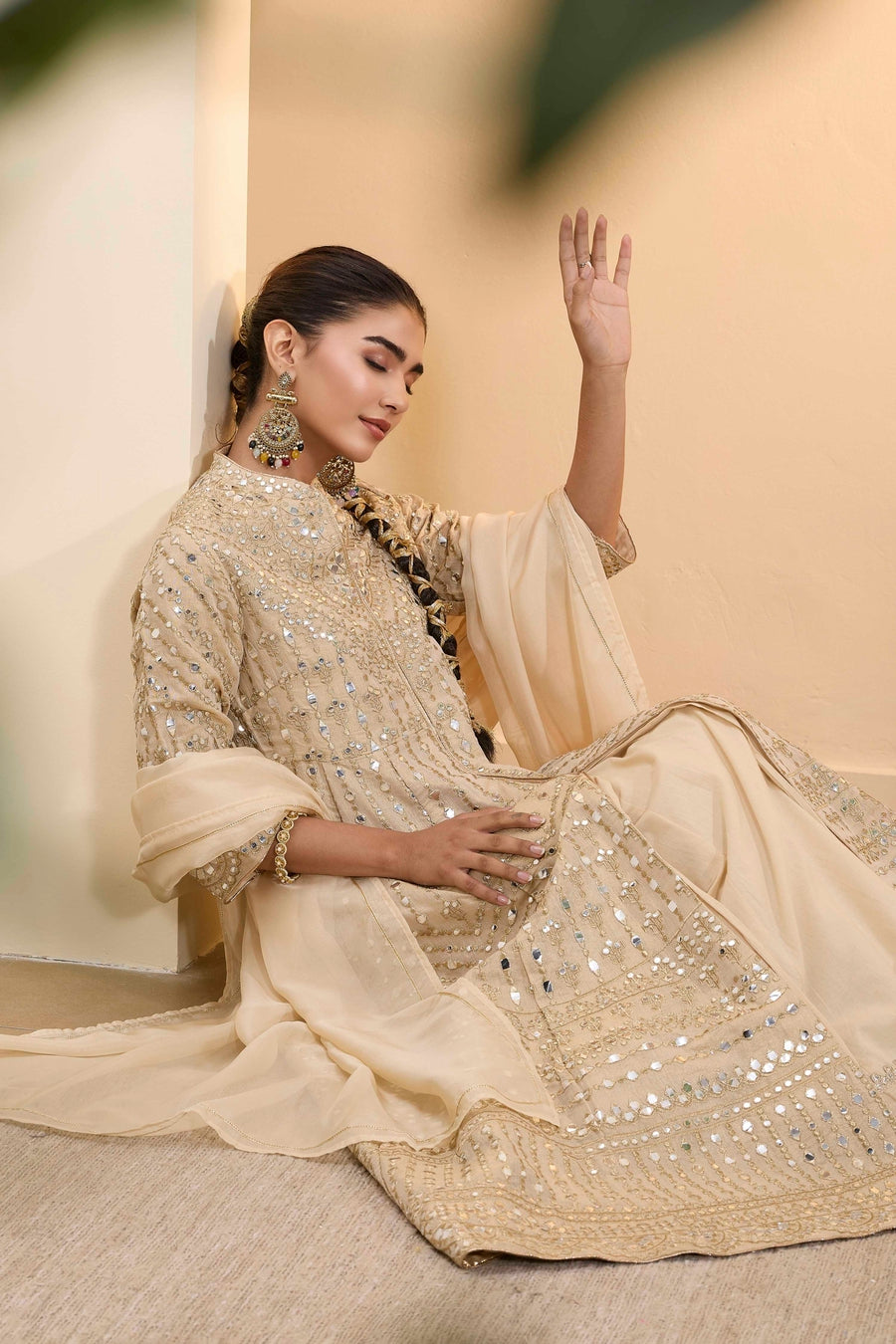Beige Cotton Zari Tissue Kalidar Kurta Set KS60