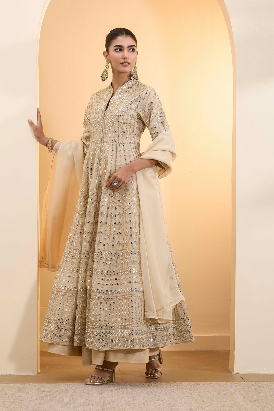 Beige Cotton Zari Tissue Kalidar Kurta Set KS60