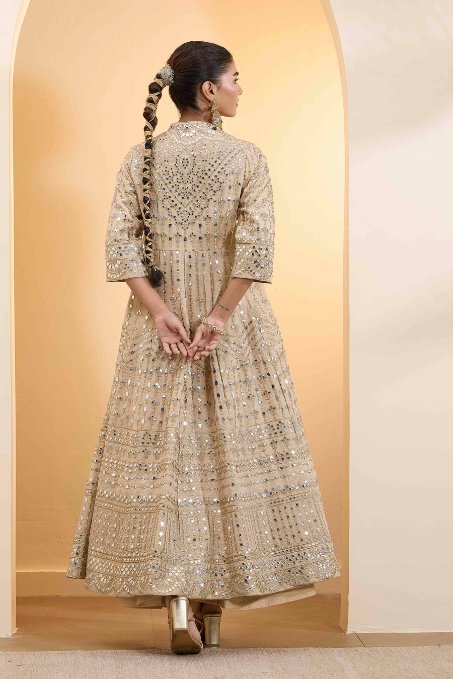 Beige Cotton Zari Tissue Kalidar Kurta Set KS60