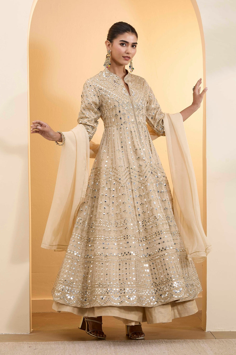 Beige Cotton Zari Tissue Kalidar Kurta Set KS60