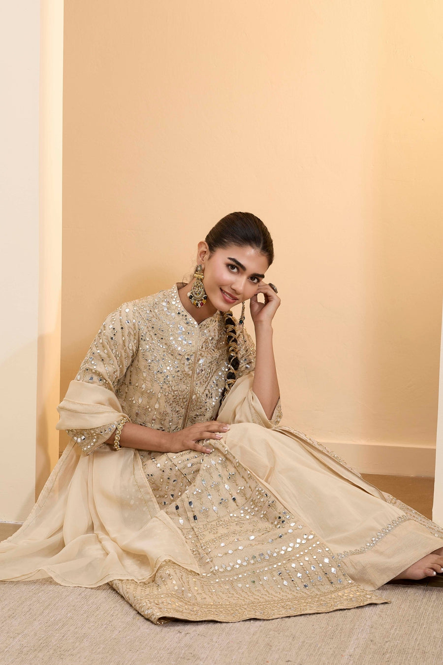 Beige Cotton Zari Tissue Kalidar Kurta Set KS60