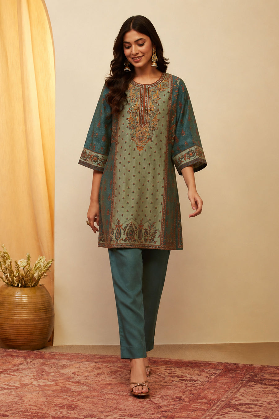 Teal Green Viscose Blend Printed Straight Kurta Set KS60