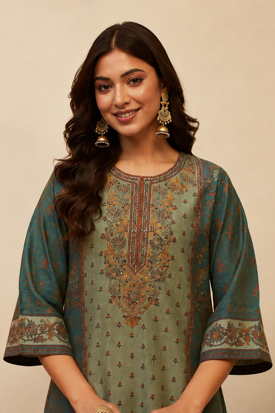 Teal Green Viscose Blend Printed Straight Kurta Set KS60