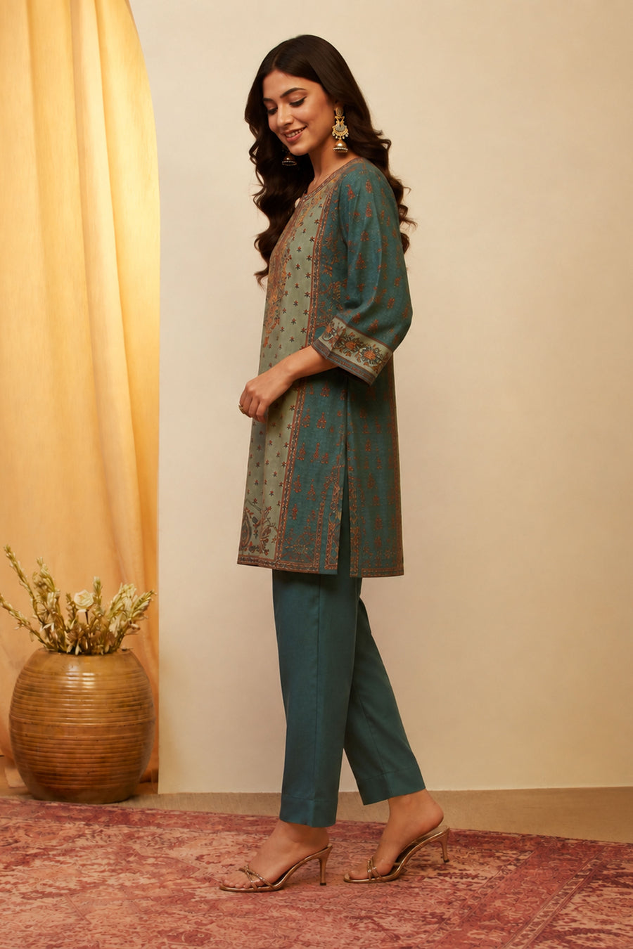 Teal Green Viscose Blend Printed Straight Kurta Set KS60