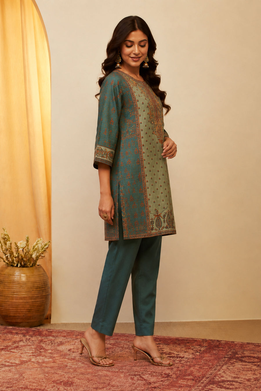 Teal Green Viscose Blend Printed Straight Kurta Set KS60