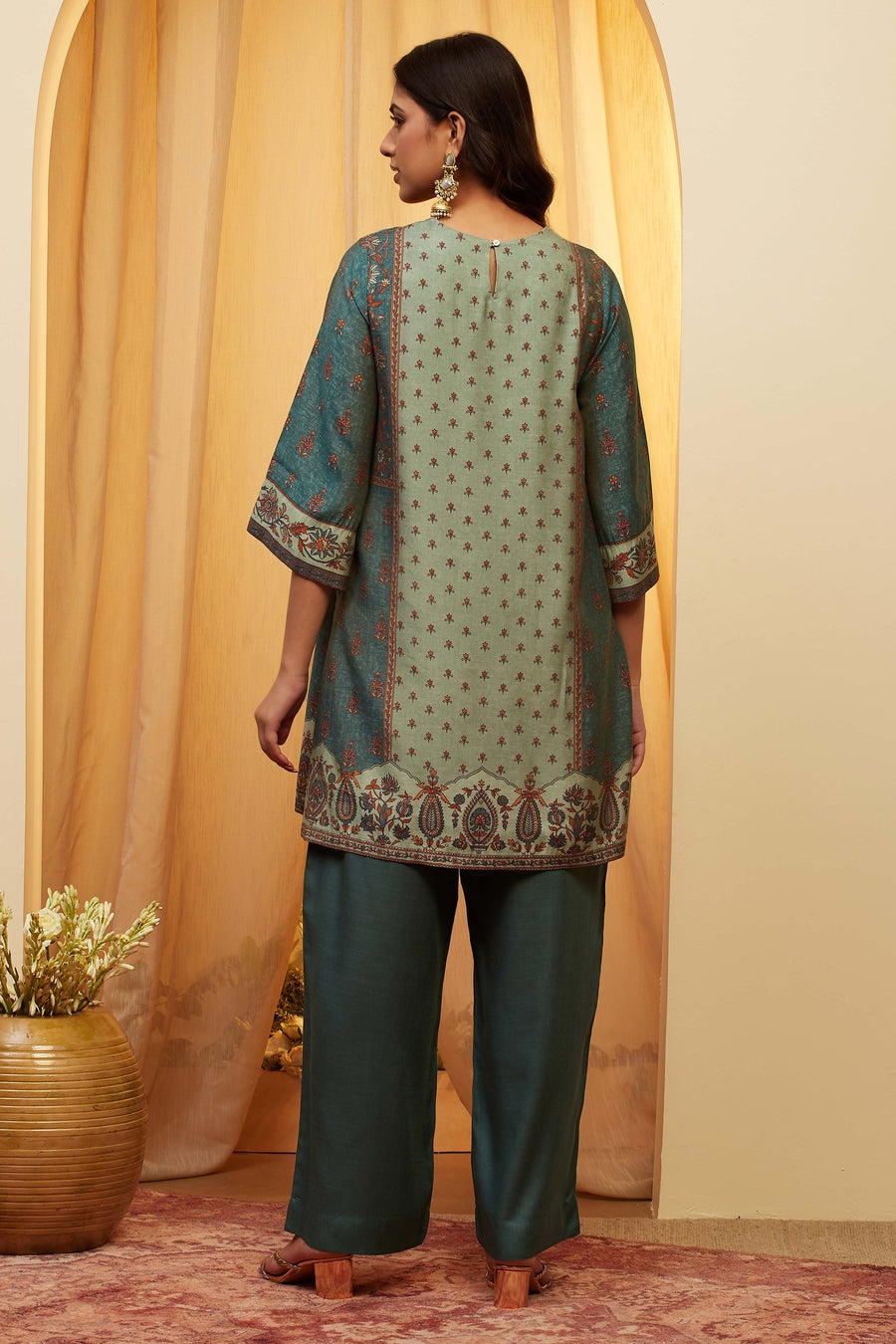 Teal Green Viscose Blend Printed Straight Kurta Set KS60