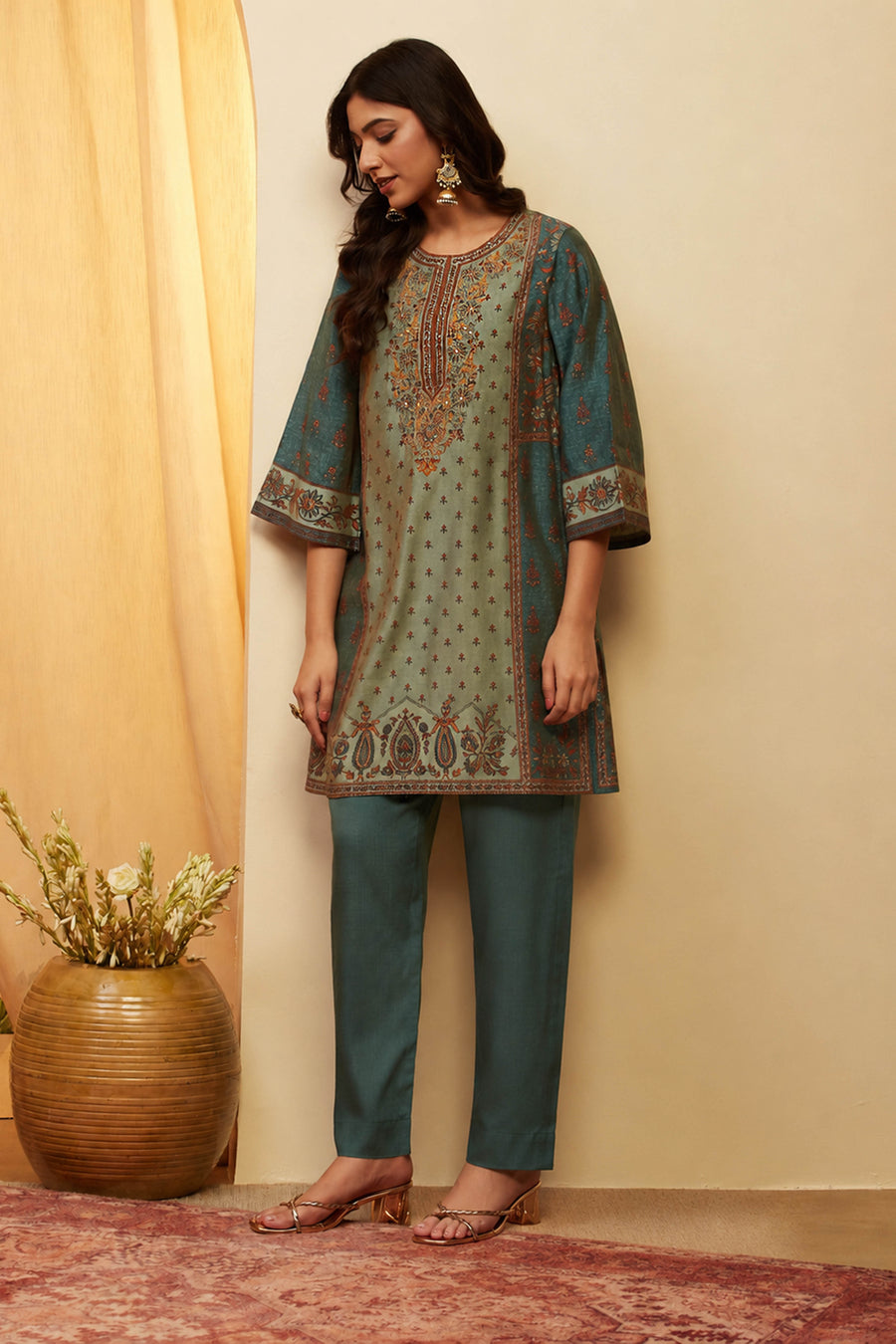 Teal Green Viscose Blend Printed Straight Kurta Set KS60