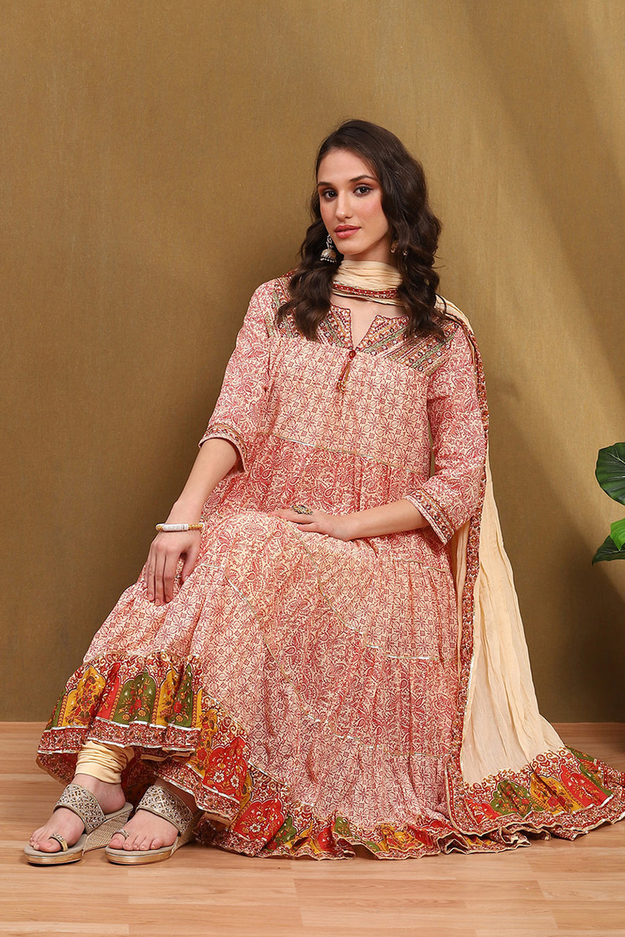 Ecru Cotton Printed Tiered Anarkali Suit Set A34