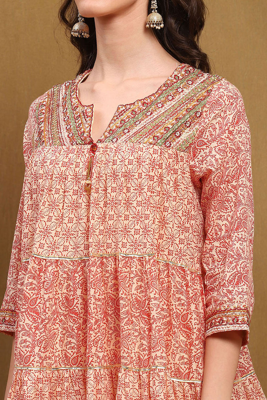 Ecru Cotton Printed Tiered Anarkali Suit Set A34