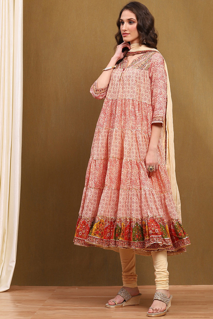 Ecru Cotton Printed Tiered Anarkali Suit Set A34