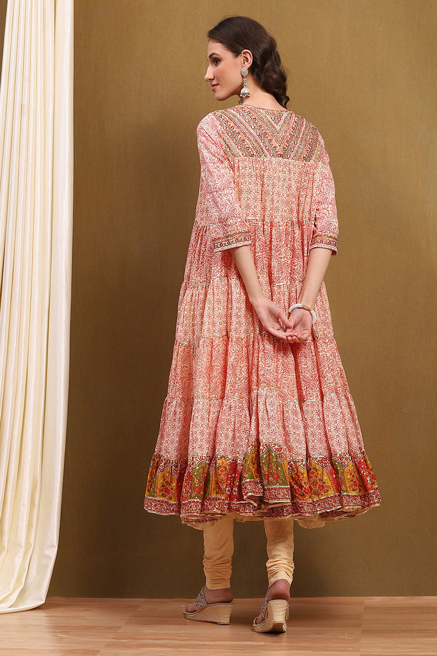 Ecru Cotton Printed Tiered Anarkali Suit Set A34