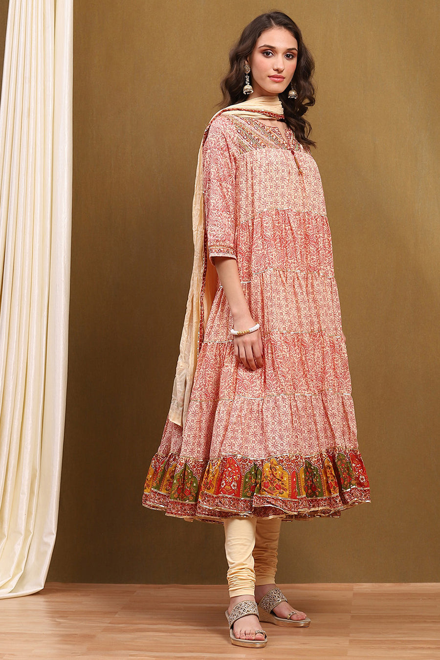 Ecru Cotton Printed Tiered Anarkali Suit Set A34