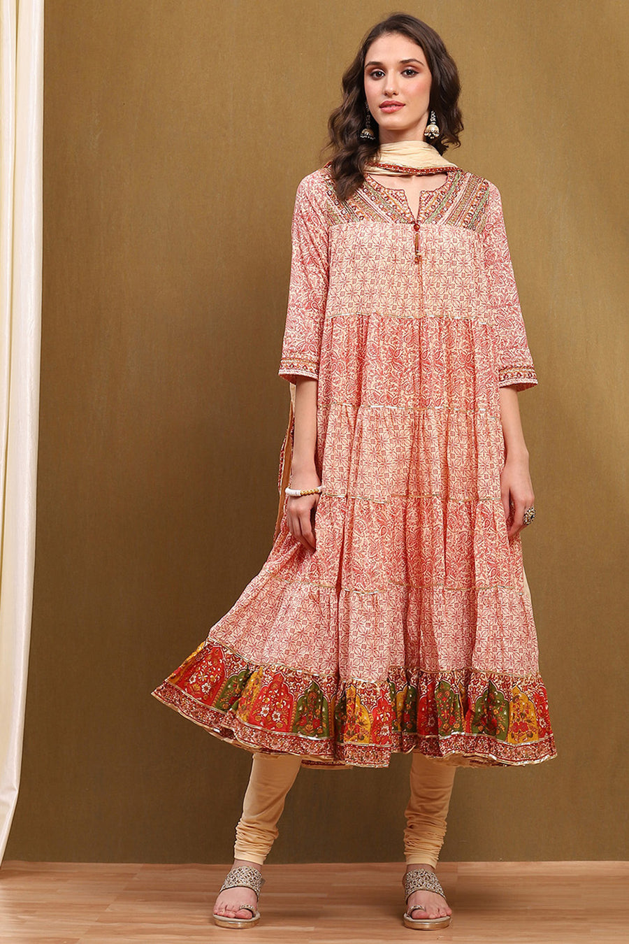 Ecru Cotton Printed Tiered Anarkali Suit Set A34