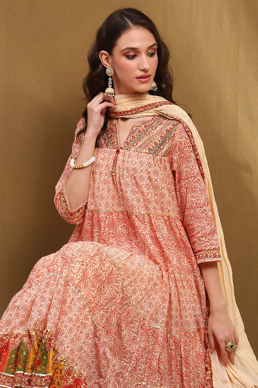 Ecru Cotton Printed Tiered Anarkali Suit Set A34