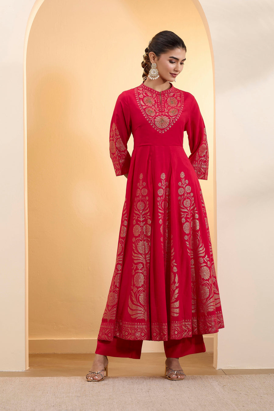 Red Poly Viscose Anarkali Kurta Set A34